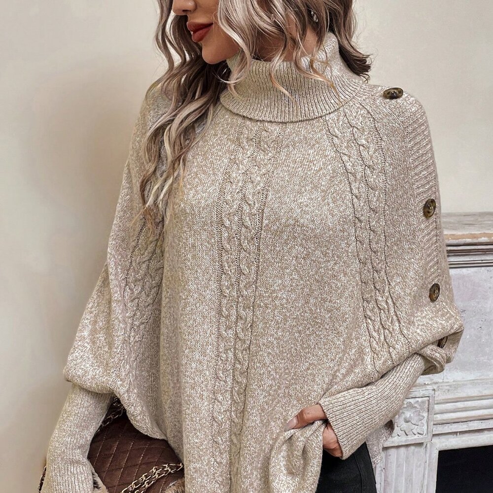Apricot Casual Women's Turtleneck Batwing Sleeve Button Detail Cable Knit Poncho - Picture 5 of 7